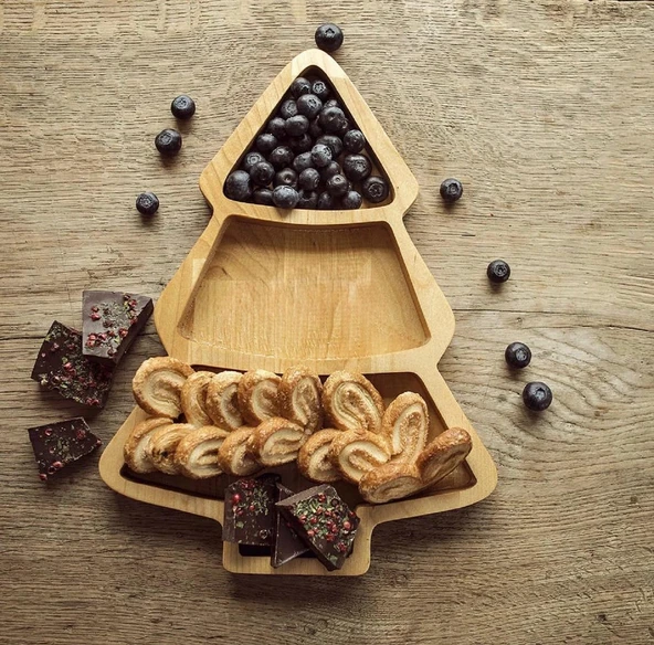 Ahşap Sunumluk Çerezlik Çam Ağaç Şekli Servis Meyve Tabağı Tepsi 3 Bölmeli Kahvaltılık - 3