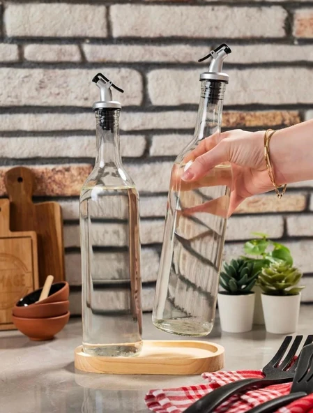 2'li Ahşap Stantlı Damlatmaz Zeytinyağı Sıvıyağ Şişesi Cam Yağdanlık Seti 750ml - 2