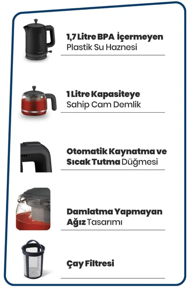 GoldMaster Papatya Siyah 2200 Watt Cam Demlikli Çay Makinesi ve Su Isıtıcısı GM 7321S - 7