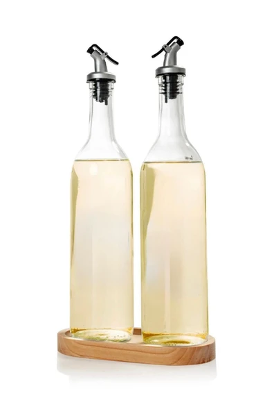 2'li Ahşap Stantlı Damlatmaz Zeytinyağı Sıvıyağ Şişesi Cam Yağdanlık Seti 750ml - 3
