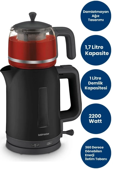 GoldMaster Papatya Siyah 2200 Watt Cam Demlikli Çay Makinesi ve Su Isıtıcısı GM 7321S - 2