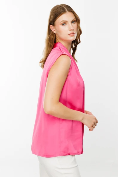 Ekol V Yaka Kolsuz Saten Bluz - Minimalist Stil - 2