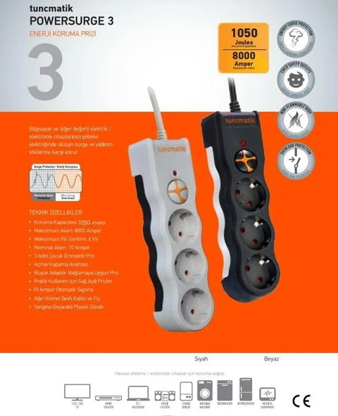 Tunçmatik TSK19009 Enerji Koruma Powersurge Üçlü Beyaz Priz 1.5MT Kablo 1050 Joule - 2