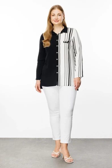 Ekol Minimalist Çizgili Midi Uzun Kol Kadın Bluz - Günlük & İş - 2