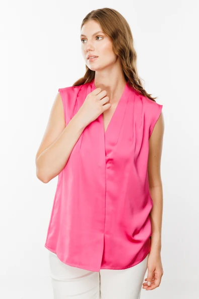 Ekol V Yaka Kolsuz Saten Bluz - Minimalist Stil - 4