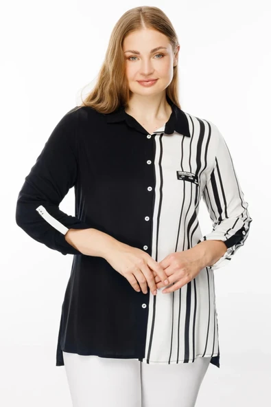 Ekol Minimalist Çizgili Midi Uzun Kol Kadın Bluz - Günlük & İş - 3