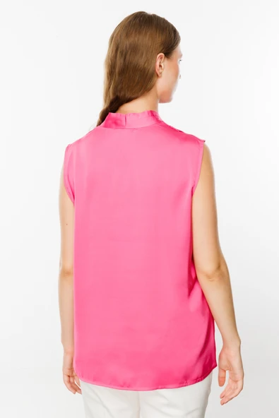 Ekol V Yaka Kolsuz Saten Bluz - Minimalist Stil - 3