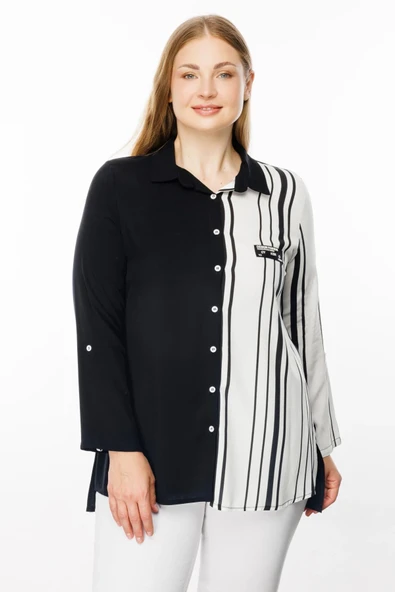 Ekol Minimalist Çizgili Midi Uzun Kol Kadın Bluz - Günlük & İş