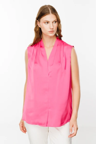 Ekol V Yaka Kolsuz Saten Bluz - Minimalist Stil