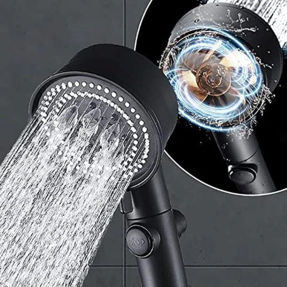 Süper Tazyik Arttırıcı Pervaneli 5 Fonksiyonlu Start Stoplu Siyah Duş Başlığı - 4