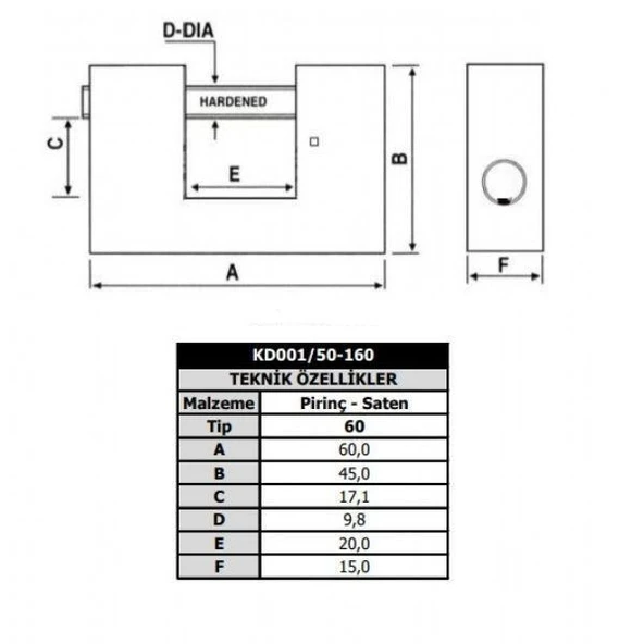 Kale KD001/50-160 60 mm prinç kayar milli pimli saten asma kilit - Resim 4