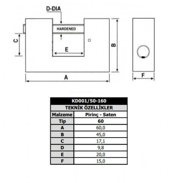 Kale KD001/50-160 60 mm prinç kayar milli pimli saten asma kilit - 2