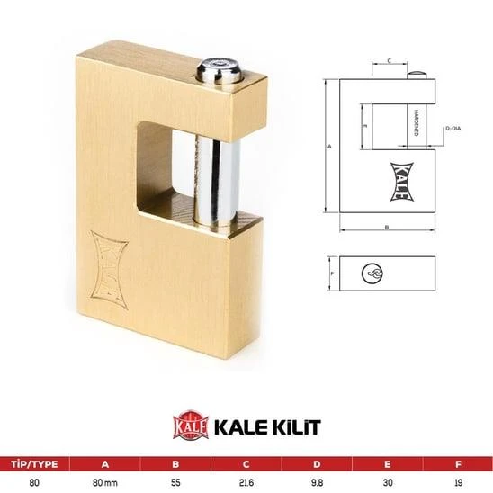 Kale 80 mm prinç kayar milli pimli sarı asma kilit