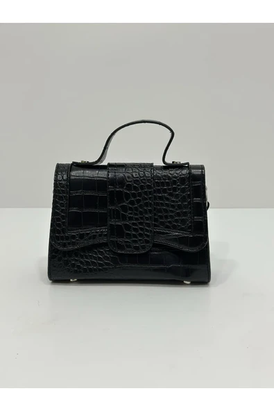 Siyah Krokodil Desen Kadın Omuz Çantası - Resim 2