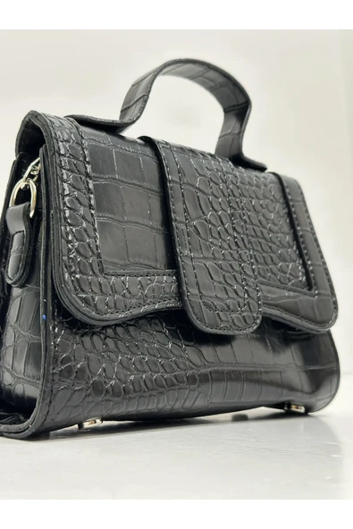 Siyah Krokodil Desen Kadın Omuz Çantası - Resim 3