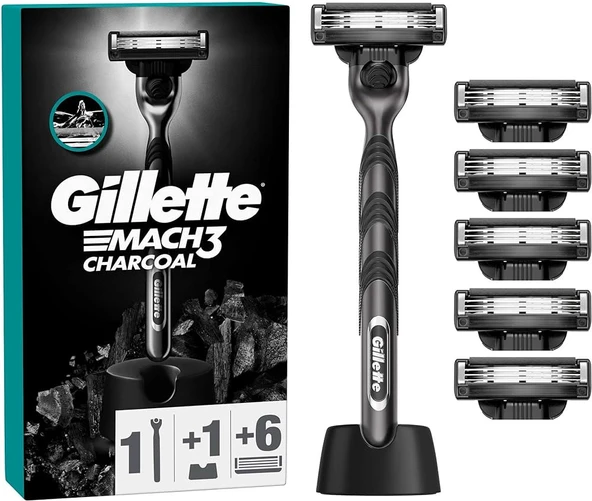 Gillette Mach 3 Charcoal Tıraş Makinesi + 6 Up Yedek Tıraş Bıçağı + Premium Stand ürün görseli 1
