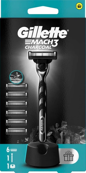 Gillette Mach 3 Charcoal Tıraş Makinesi + 6 Up Yedek Tıraş Bıçağı + Premium Stand - Resim 2