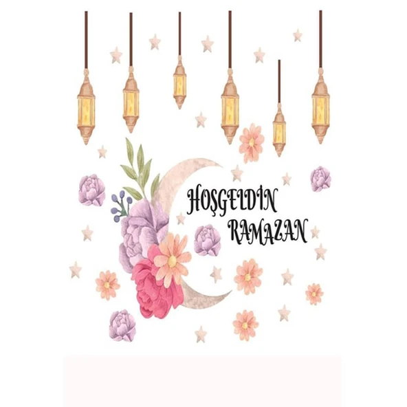Çiçek Temalı Fenerli Hoşgeldin Ramazan Dekoratif Cam Duvar Sticker Seti - 2