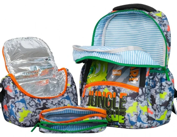 Wia Dinazor Baskılı Erkek Çocuk Üçlü Okul Çanta Seti - Gri-Yeşil - Resim 3