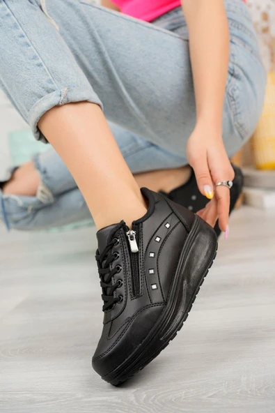 Albishoes Kadın Yüksek Taban 3 CM Fermuarlı Şık Günlük Dört Mevsim Hafif Rahat Sneaker Spor Ayakkabı