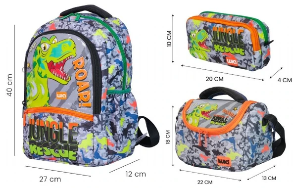 Wia Dinazor Baskılı Erkek Çocuk Üçlü Okul Çanta Seti - Gri-Yeşil - Resim 4