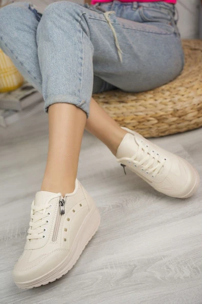 Albishoes Kadın Yüksek Taban 3 CM Fermuarlı Şık Günlük Dört Mevsim Hafif Rahat Sneaker Spor Ayakkabı - 1