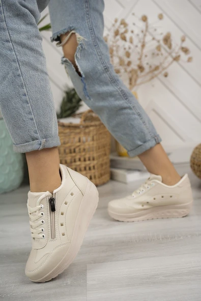 Albishoes Kadın Yüksek Taban 3 CM Fermuarlı Şık Günlük Dört Mevsim Hafif Rahat Sneaker Spor Ayakkabı - 3