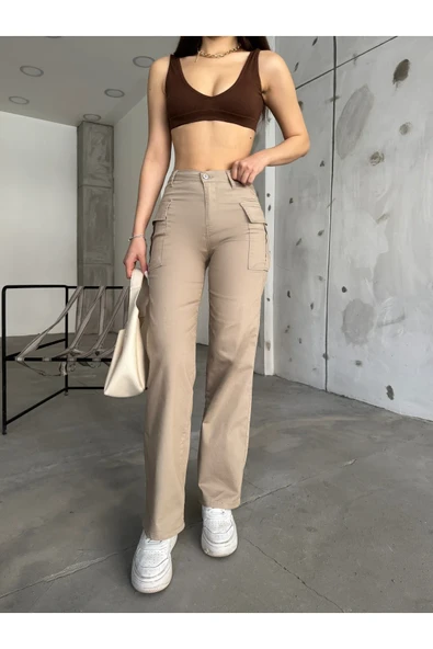 BİKELİFE Kargo Cep Yüksek Bel Straight Fit Likralı Pantolon