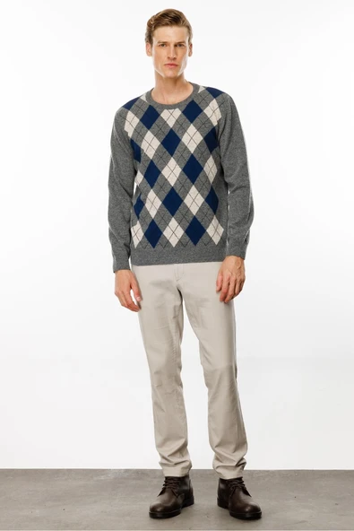 Desen Erkek Kazak - Uzun Kol Yuvarlak Yaka Geometrik Desen - 12