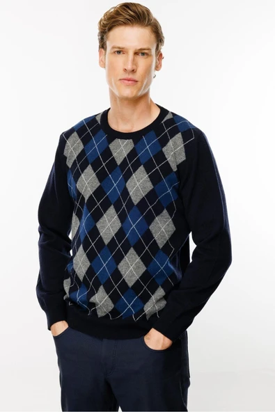 Desen Erkek Kazak - Uzun Kol Yuvarlak Yaka Geometrik Desen - 7