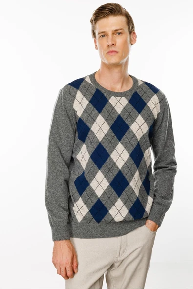 Desen Erkek Kazak - Uzun Kol Yuvarlak Yaka Geometrik Desen - 10