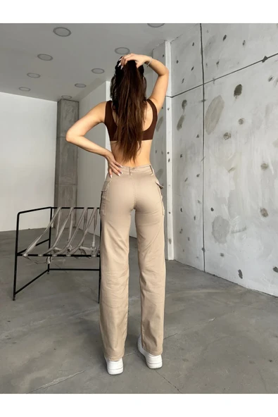 BİKELİFE Kargo Cep Yüksek Bel Straight Fit Likralı Pantolon - 3