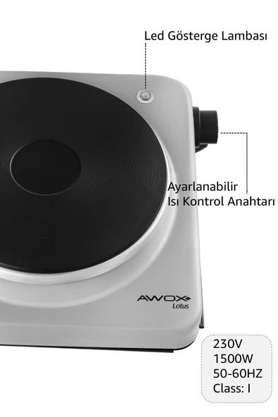 Awox Lotus Tekli Set Üstü Elektrikli Ocak 1500w Gri - 2