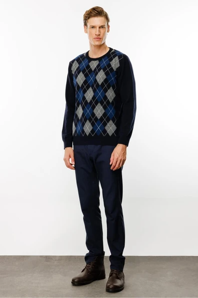 Desen Erkek Kazak - Uzun Kol Yuvarlak Yaka Geometrik Desen - 8