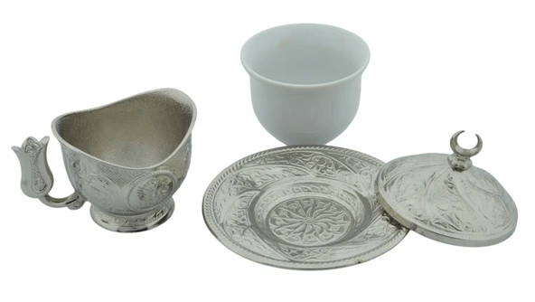 Sena Tiryaki Porselenli 4 Parça Gümüş Renk Zamak Fincan - 3