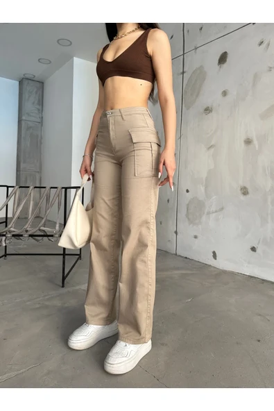 BİKELİFE Kargo Cep Yüksek Bel Straight Fit Likralı Pantolon - 2
