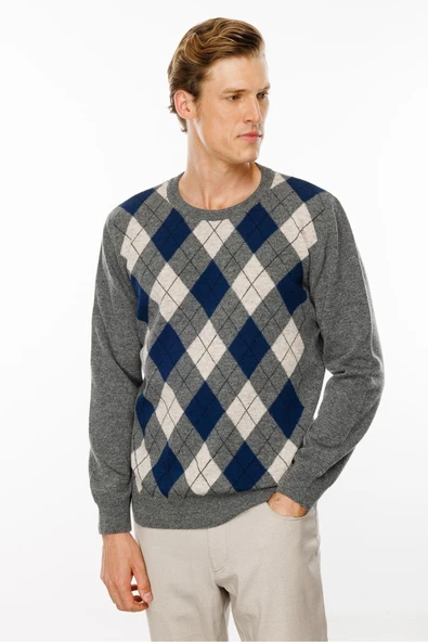 Desen Erkek Kazak - Uzun Kol Yuvarlak Yaka Geometrik Desen - 11