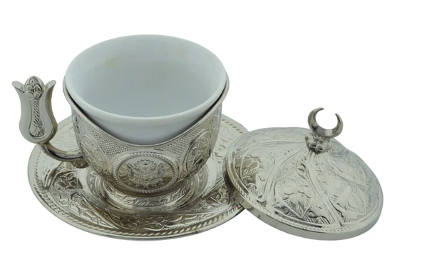 Sena Tiryaki Porselenli 4 Parça Gümüş Renk Zamak Fincan - 2