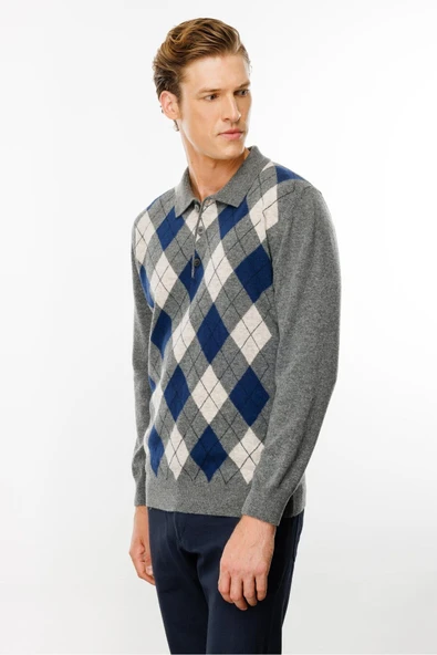 Desen Erkek Uzun Kol Polo Yaka Kazak - Minimalist Argyle Desen - 9