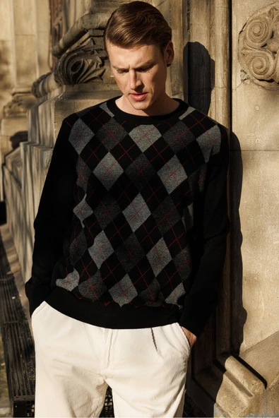 Desen Erkek Kazak - Uzun Kol Yuvarlak Yaka Geometrik Desen - 4