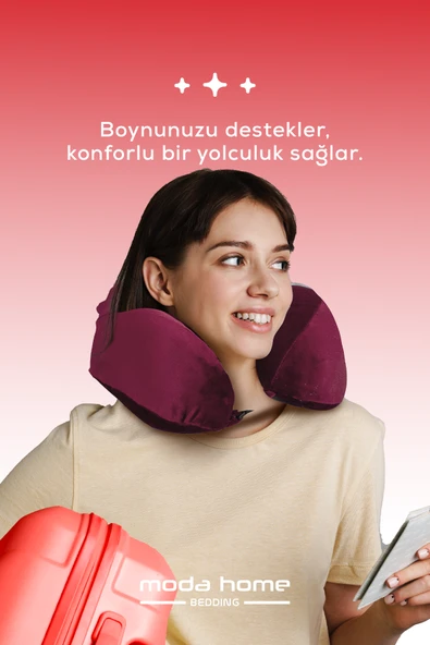 Moda Home Bedding 2 Adet Visco Ortopedik Seyahat Yastığı-Visco Yastık,Çıkarılabilir Kılıf, Lüks Seyahat Yastığı Bordo - 3