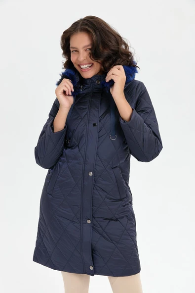 Desen Kapüşonlu Midi Oversize Kaban - Kışlık - 3