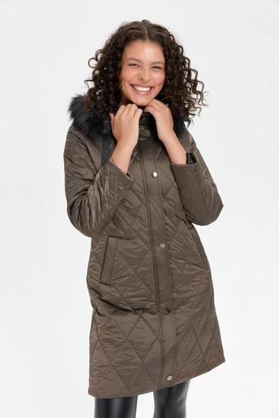 Desen Kapüşonlu Midi Oversize Kaban - Kışlık - 5