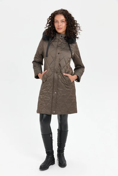 Desen Kapüşonlu Midi Oversize Kaban - Kışlık - 4