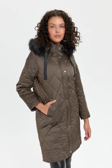 Desen Kapüşonlu Midi Oversize Kaban - Kışlık - 6