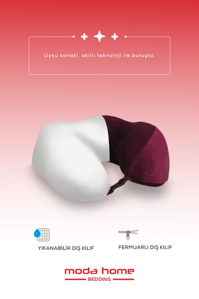Moda Home Bedding 2 Adet Visco Ortopedik Seyahat Yastığı-Visco Yastık,Çıkarılabilir Kılıf, Lüks Seyahat Yastığı Bordo - 2