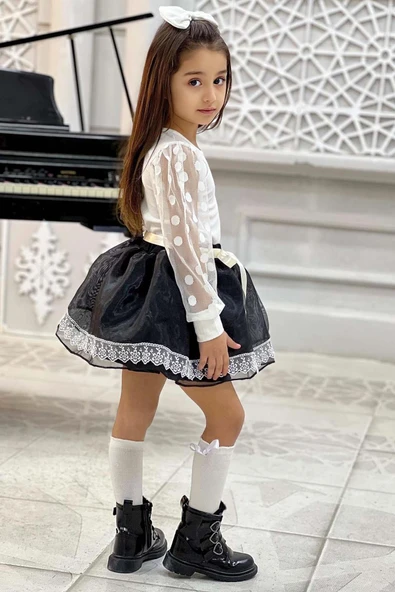 Kız Çocuk Kolları Puantiye ve Şeffaf Tül Detaylı Beyaz Kazak Üzeri Güpür Tüllü Saten Etekli Takım - 3