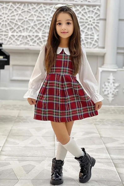 Kız Çocuk Üzeri Kare Çizgili İspanyol Kol Bebe Yakalı Kırmızı Elbise - Resim 5