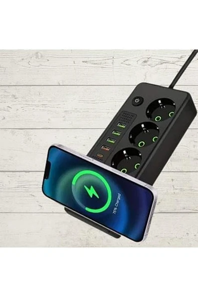 Premio 3 lü Temassız Hızlı Şarj 4 USB' Li 1 TYP-C Girişli Grup Priz Siyah Renk - 3
