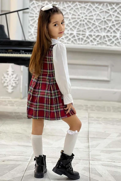Kız Çocuk Üzeri Kare Çizgili İspanyol Kol Bebe Yakalı Kırmızı Elbise - Resim 6